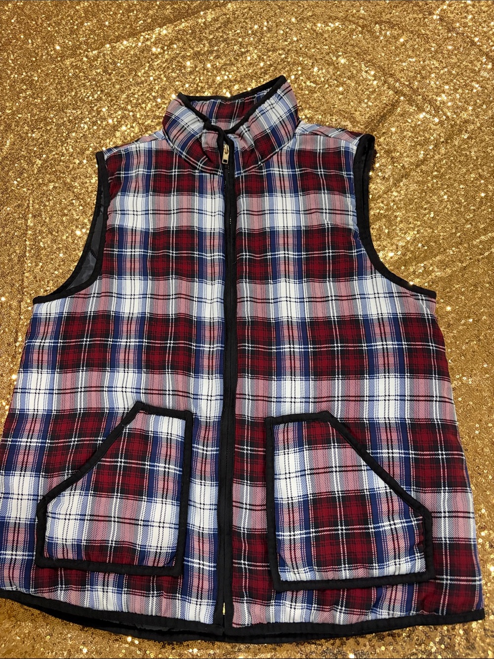 Plaid Quilted Sleeveless Vest - Red, Blue & White